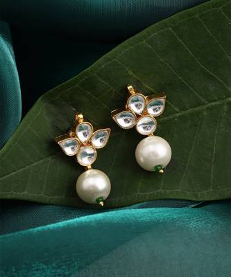 White stone pearl drop kundan stud earrings 2