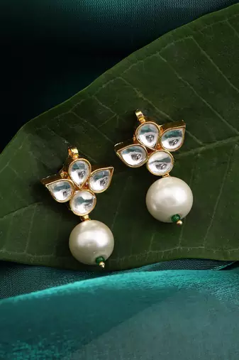 White stone pearl drop kundan stud earrings