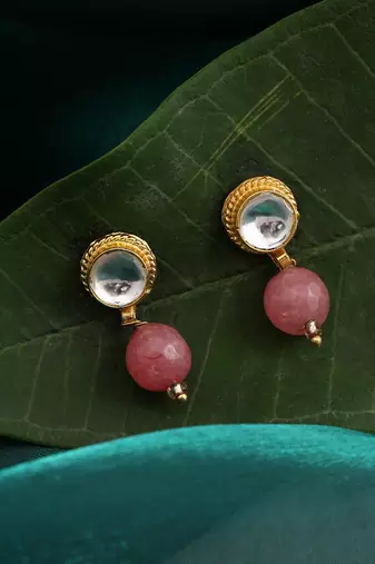Pink stone kundan stud drop earrings