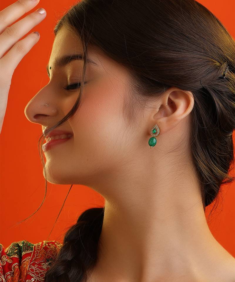Emerald green american diamond teardrop earrings