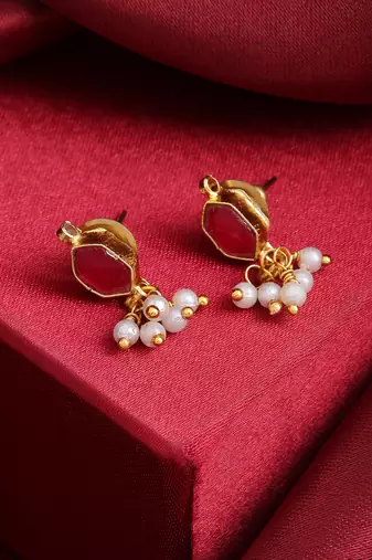 Ruby red stone pearl drop earrings