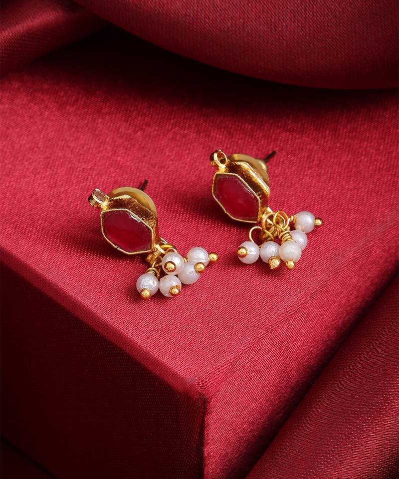 Ruby red stone pearl drop earrings