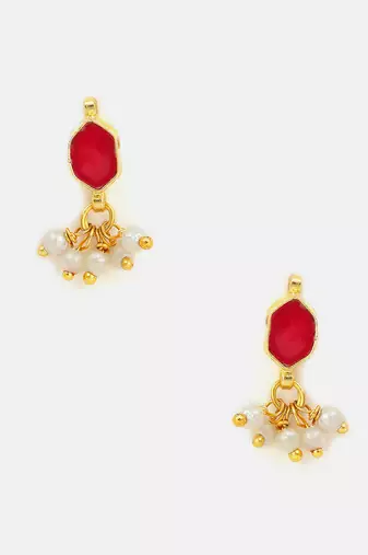 Ruby red stone pearl drop earrings
