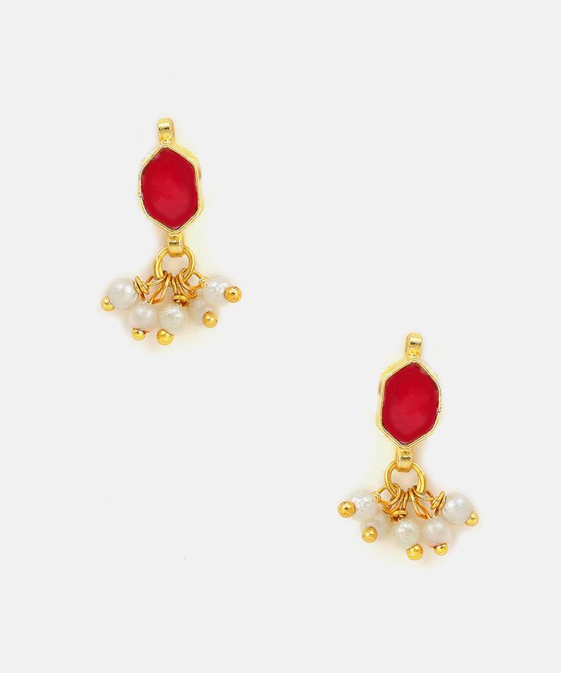 Ruby red stone pearl drop earrings