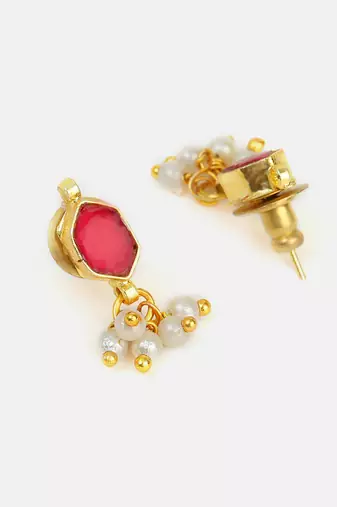 Ruby red stone pearl drop earrings