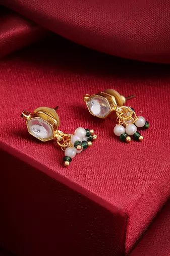 White stone  emerald green beaded stud earrings