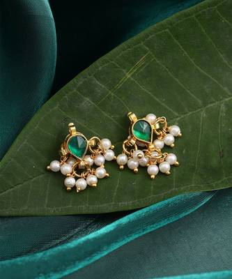 Green stone pearl drop stud earrings 2