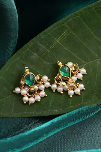Green stone pearl drop stud earrings