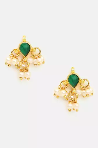 Green stone pearl drop stud earrings