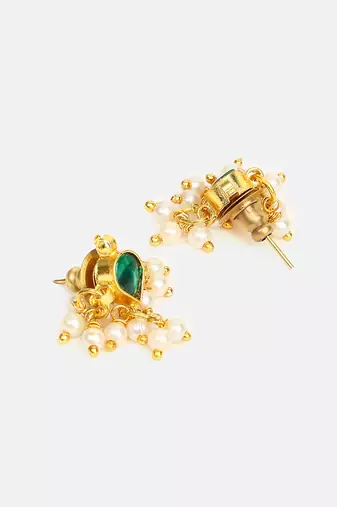 Green stone pearl drop stud earrings