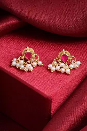 Ruby red maroon pearl drop stud earrings