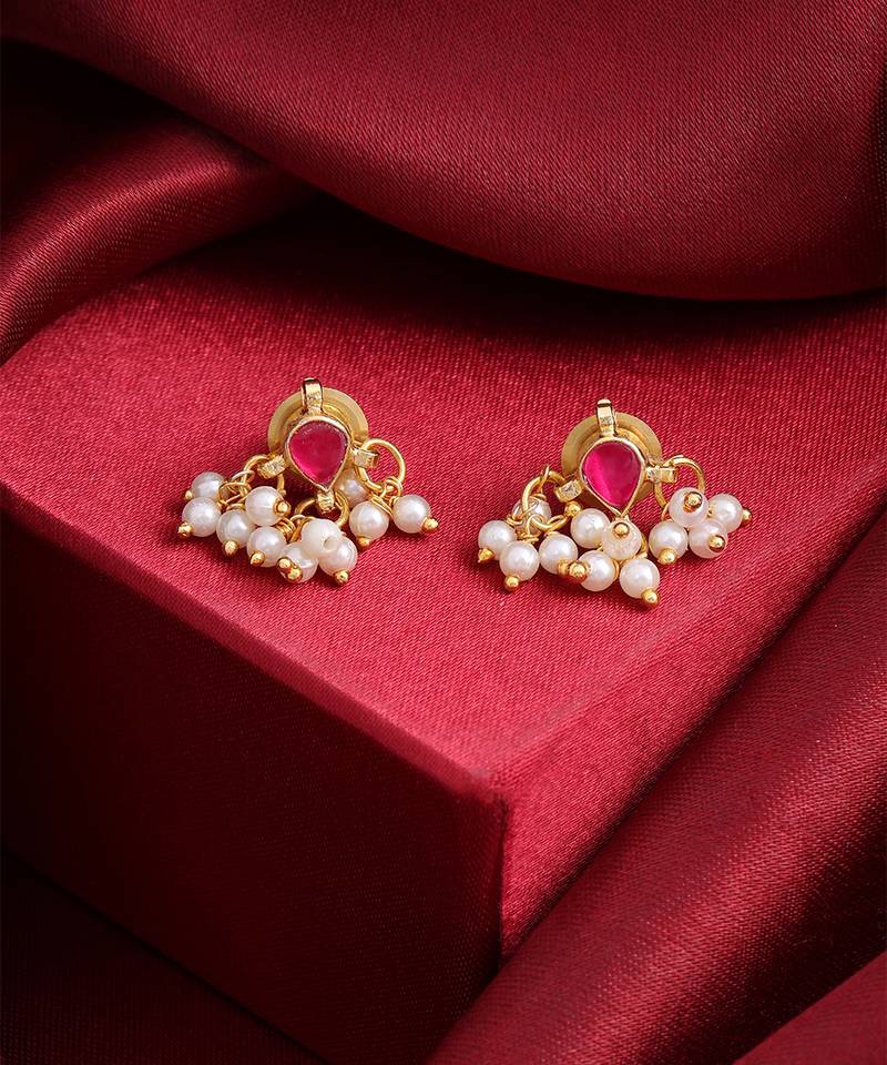 Ruby red maroon pearl drop stud earrings