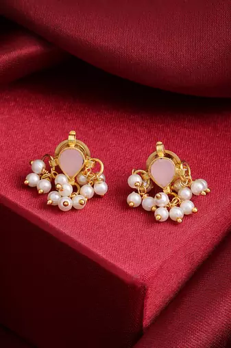 Pink stone pearl cluster mini stud earrings