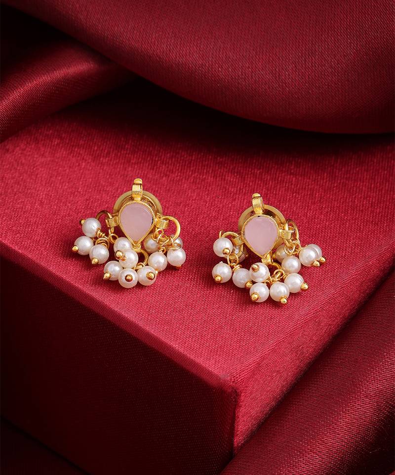 Pink stone pearl cluster mini stud earrings