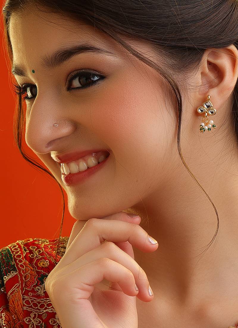 White stone green beaded kundan stud earrings
