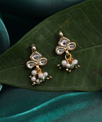 White stone green beaded kundan stud earrings 2