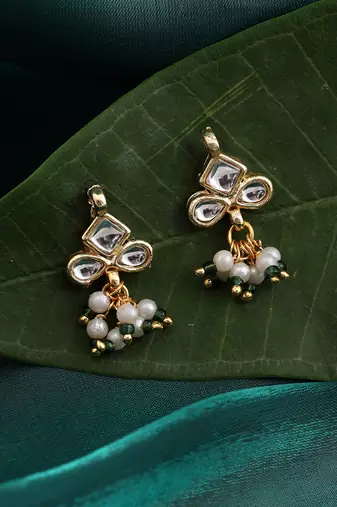 White stone green beaded kundan stud earrings