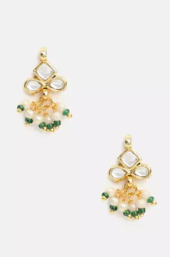 White stone green beaded kundan stud earrings