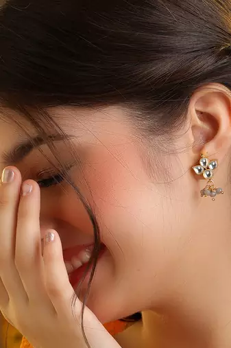 Grey beaded kundan stud earrings