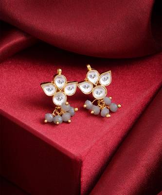 Grey beaded kundan stud earrings 2