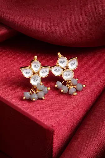 Grey beaded kundan stud earrings