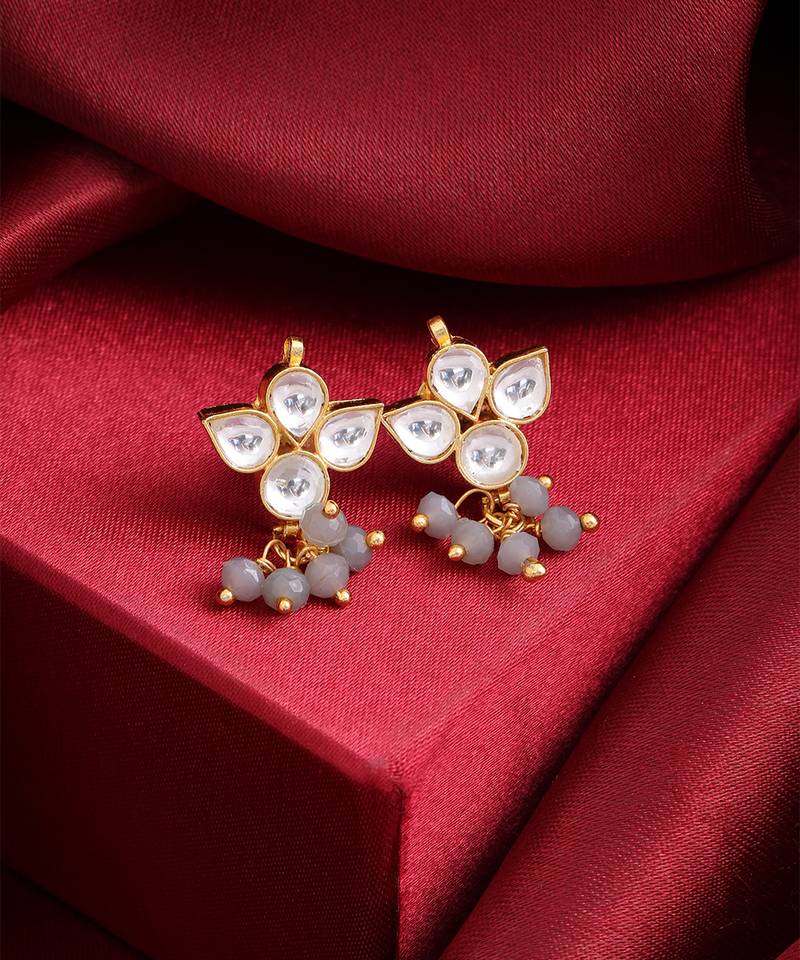 Grey beaded kundan stud earrings