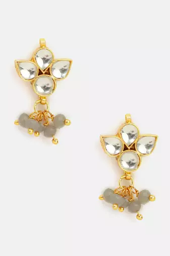 Grey beaded kundan stud earrings