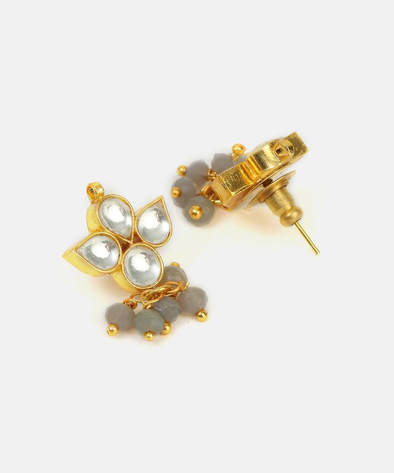 Grey beaded kundan stud earrings