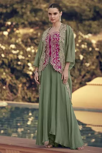 Sage green & rani pink faux chinon silk embroidered readymade indian dress