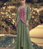 Sage green & rani pink faux chinon silk embroidered readymade indian dress