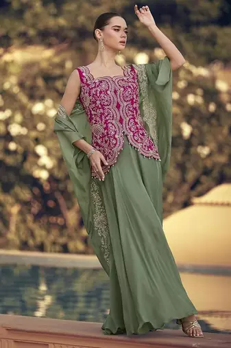 Sage green & rani pink faux chinon silk embroidered readymade indian dress