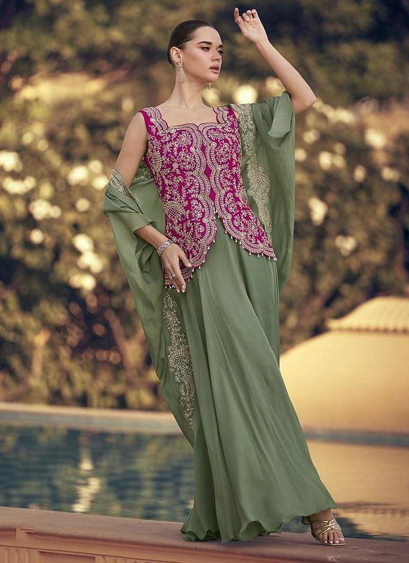Sage green & rani pink faux chinon silk embroidered readymade indian dress