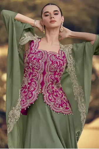 Sage green & rani pink faux chinon silk embroidered readymade indian dress