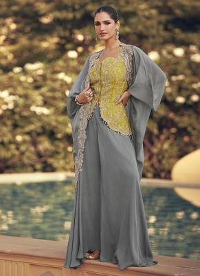 Grey & yellow faux chinon silk embroidered readymade indian dress 1