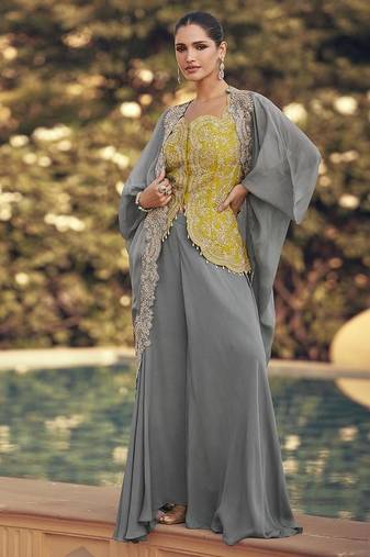 Grey & yellow faux chinon silk embroidered readymade indian dress