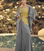 Grey & yellow faux chinon silk embroidered readymade indian dress