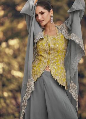 Grey & yellow faux chinon silk embroidered readymade indian dress 2
