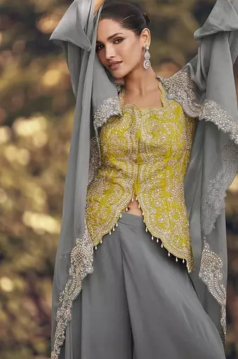 Grey & yellow faux chinon silk embroidered readymade indian dress