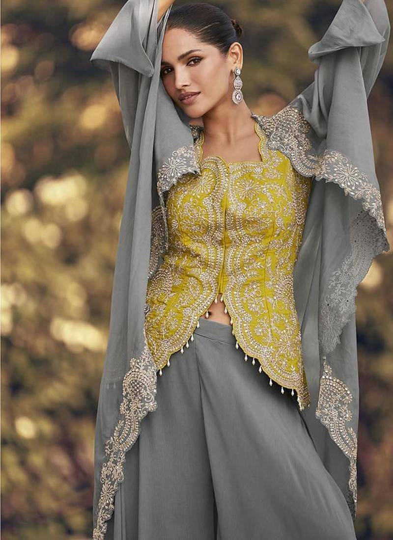 Grey & yellow faux chinon silk embroidered readymade indian dress