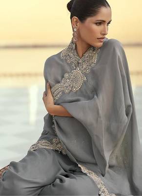 Grey & yellow faux chinon silk embroidered readymade indian dress 3