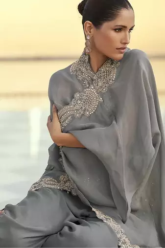 Grey & yellow faux chinon silk embroidered readymade indian dress
