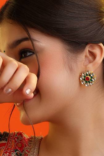 Gold plated multicolor stones kundan stud earrings