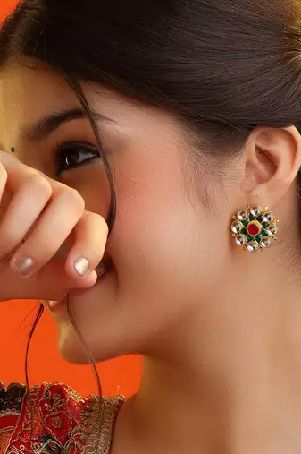 Gold plated multicolor stones kundan stud earrings