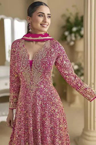 Rani pink faux georgette embroidered readymade anarkali suit