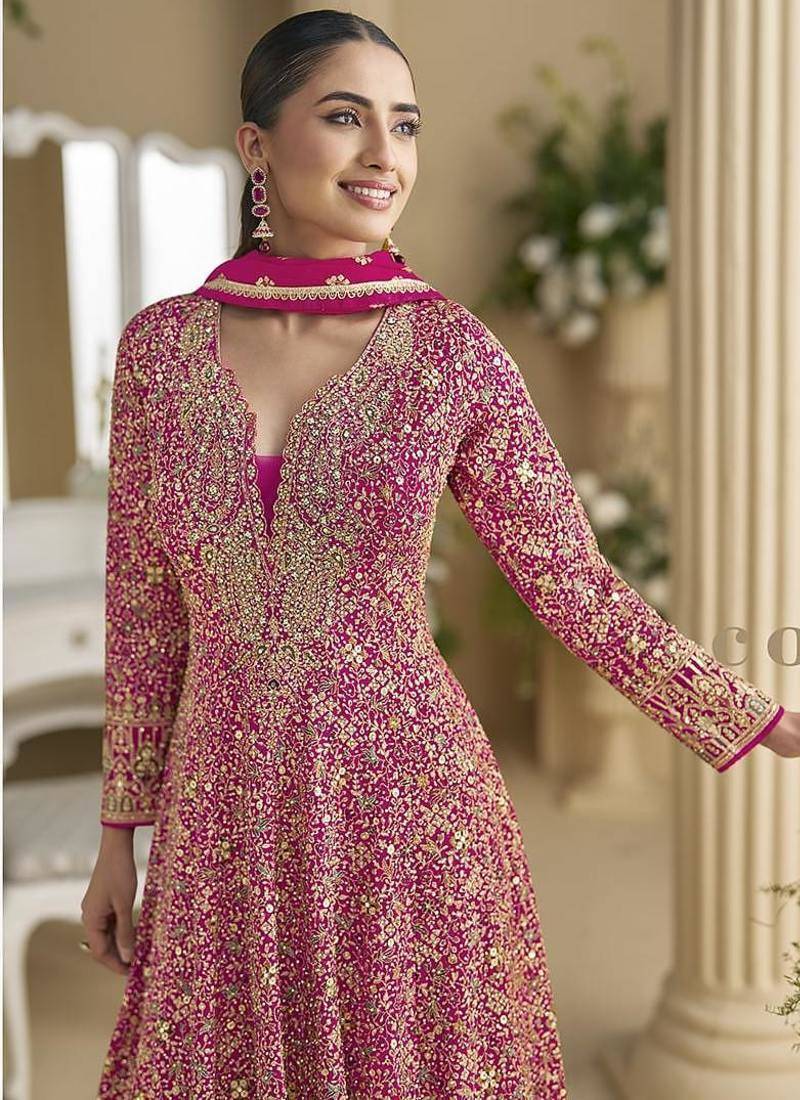 Rani pink faux georgette embroidered readymade anarkali suit