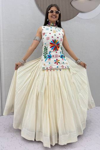 White Color cotton Thread work & mirror hand work Cotton Navratri Lahenga Choli Set