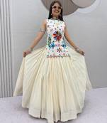 White cotton Thread work & mirror hand work Cotton Navratri Lahenga Choli Set