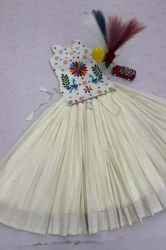 White cotton Thread work & mirror hand work Cotton Navratri Lahenga Choli Set