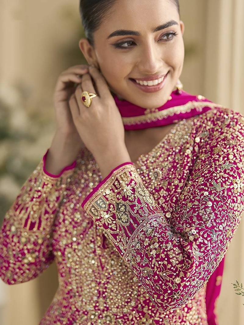 Rani pink faux georgette embroidered readymade anarkali suit
