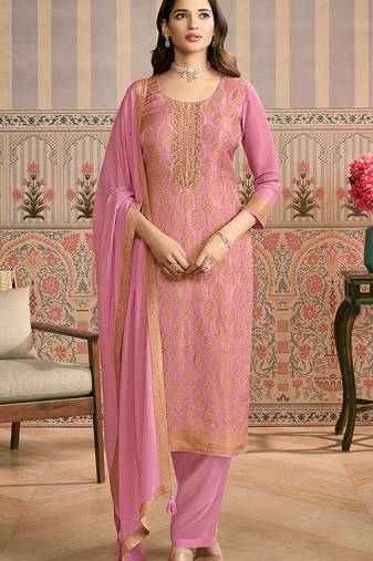Onion pink embroidred shimmer jacquard readymade salwar suit